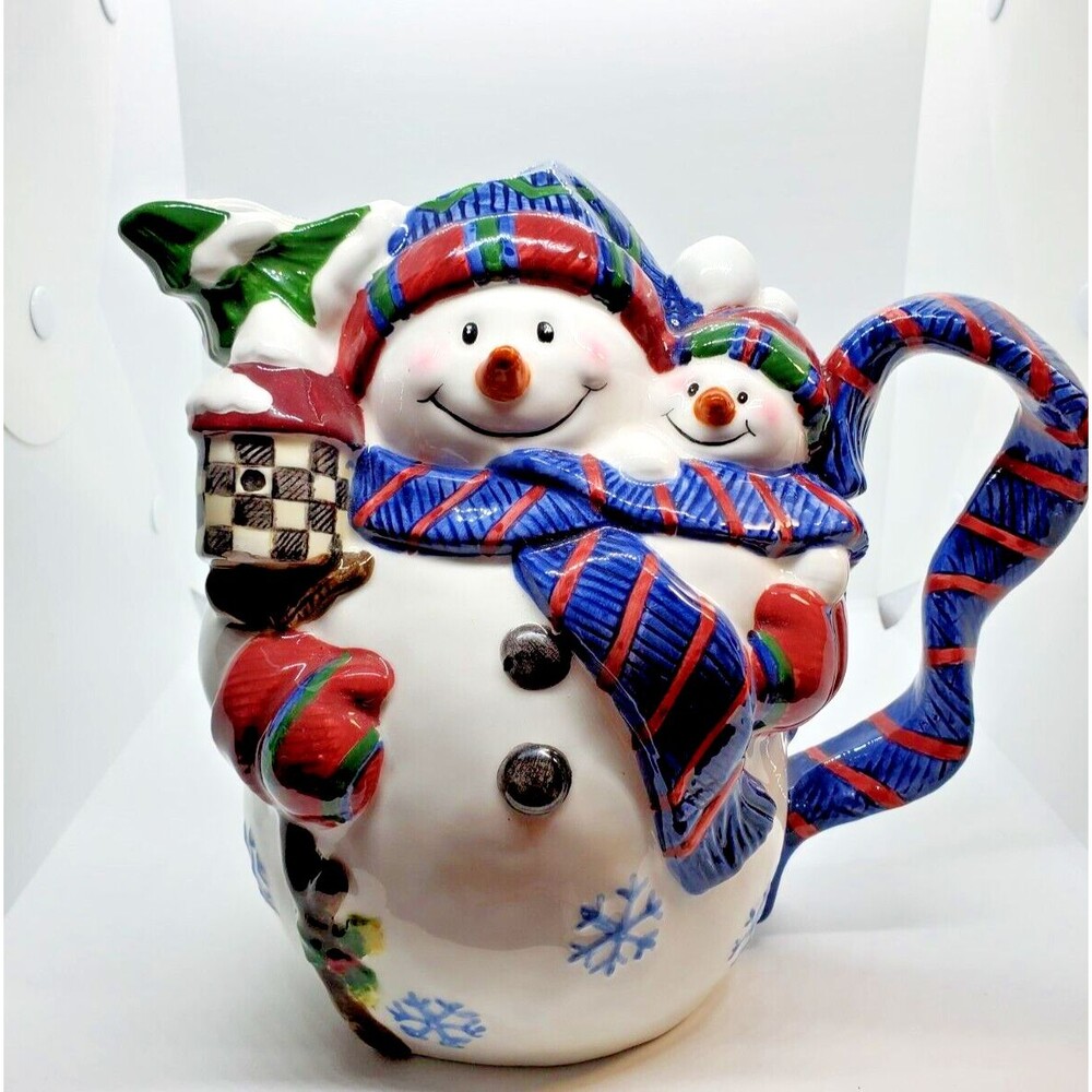 Ceramic Snowman Pitcher Holiday Christmas Table Decor Scarf & Baby Snowman